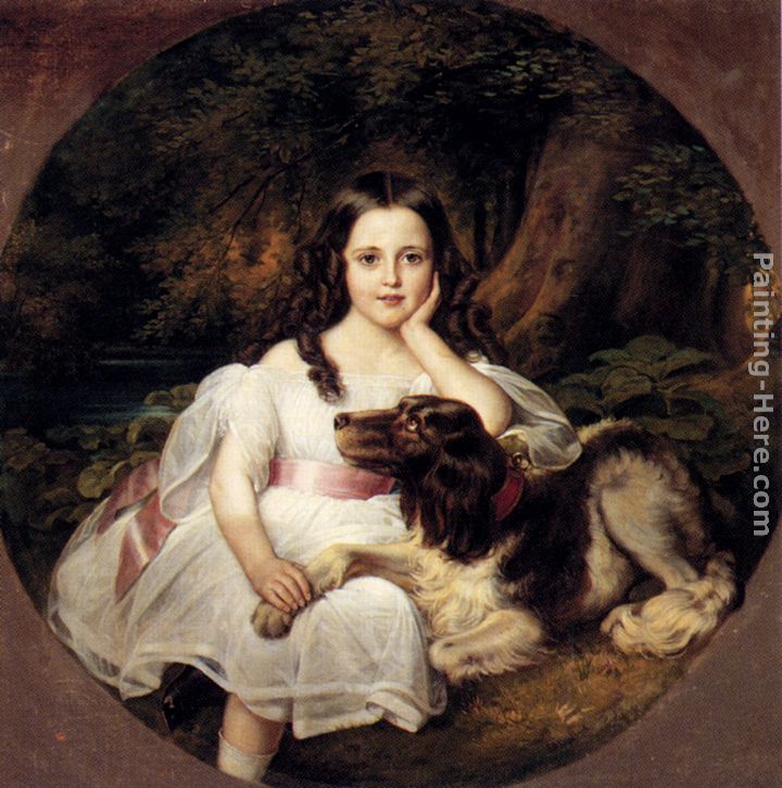 A Young Girl Resting In A Landscape With Her Dog painting - Friedrich August von Kaulbach A Young Girl Resting In A Landscape With Her Dog art painting